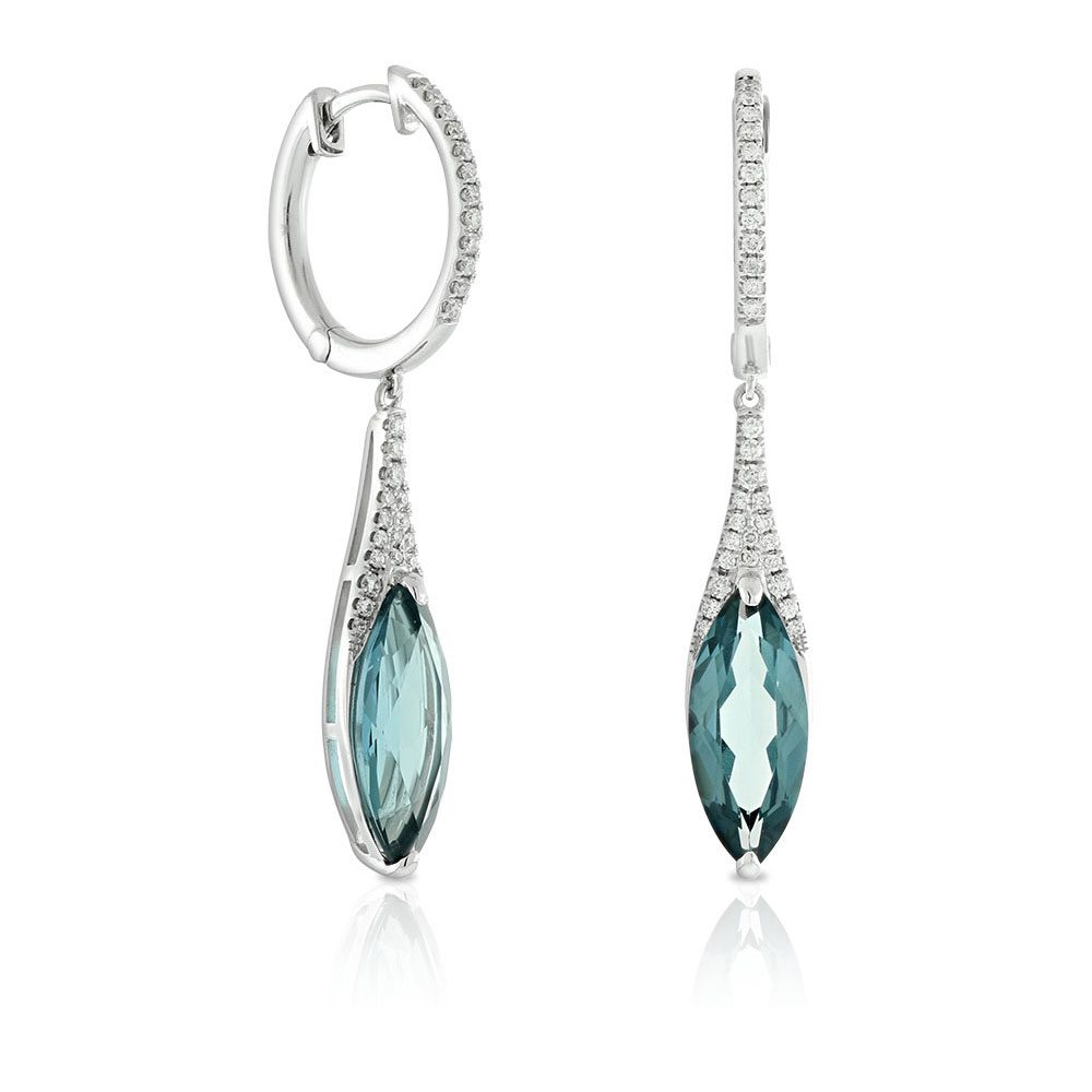 Marquise Blue Topaz & Diamond Drop Earrings 14K