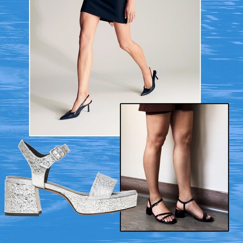 Most comfortable heels collage featuring women's leg wearing heeled shoes