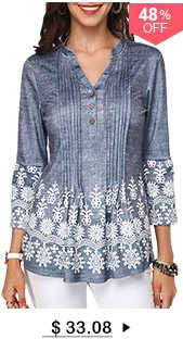 Split Neck Button Detail Printed Pleated Blouse