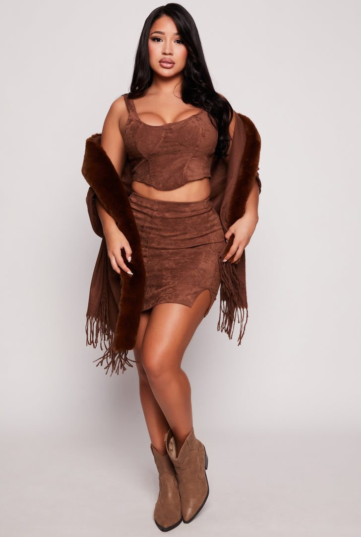 Faux Fur Collar Fringe Ruana