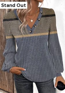 Dark Blue Patchwork Geometric Print Long Sleeve T Shirt