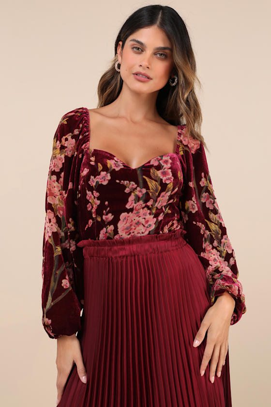 Image of Luxe Romance Burgundy Velvet Floral Burnout Long Sleeve Bodysuit