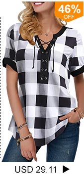 Lace Up Front Plaid Print Blouse