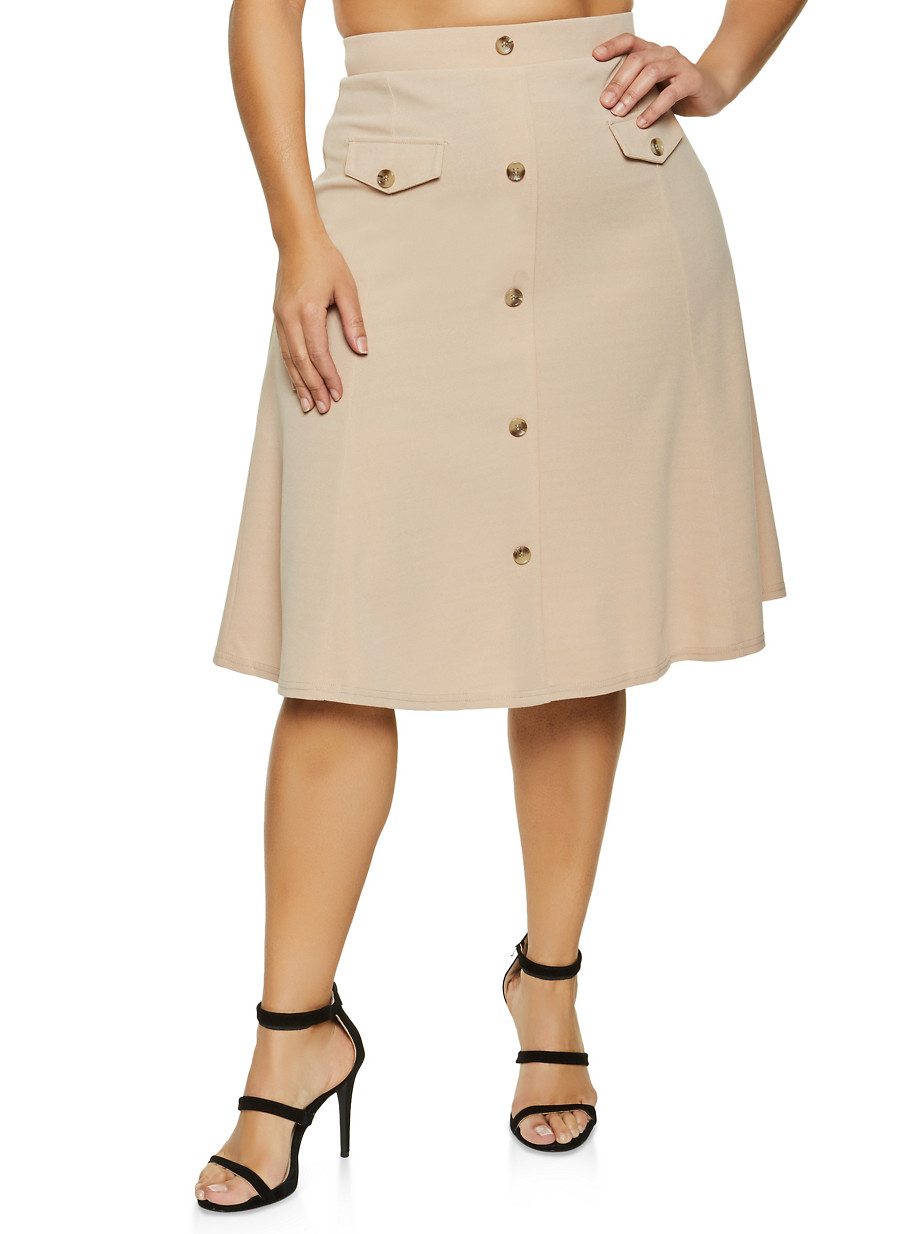 Plus Size Button Detail Skater Skirt