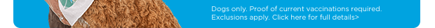 Dogs only. Proof of current vaccinations required. Exclusions apply. Click here for full details>