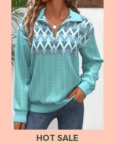 ROTITA Zipper Geometric Print Mint Green V Neck Sweatshirt