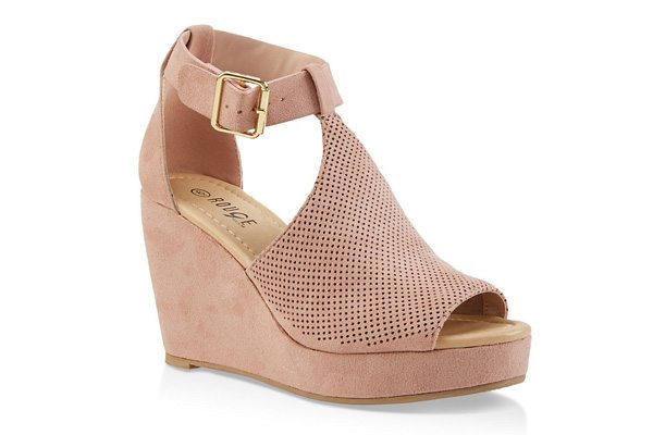 Perforated T Strap Wedge Sandals