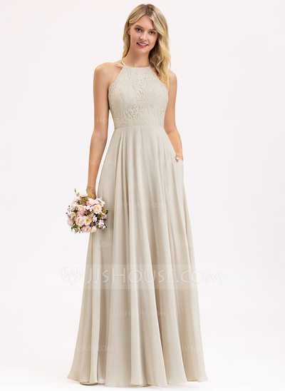 A-Line Scoop Neck Floor-Length Chiffon Lace Bridesmaid Dress...