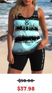 ROTITA Lace Up Mint Green Striped Tankini Set