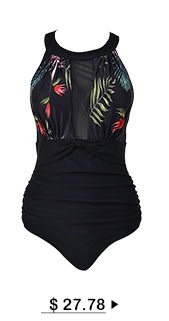 Ruched Tropical Print Black One Piece Swimwear