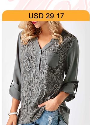 Lace Panel Button Detail Chest Pocket Blouse 