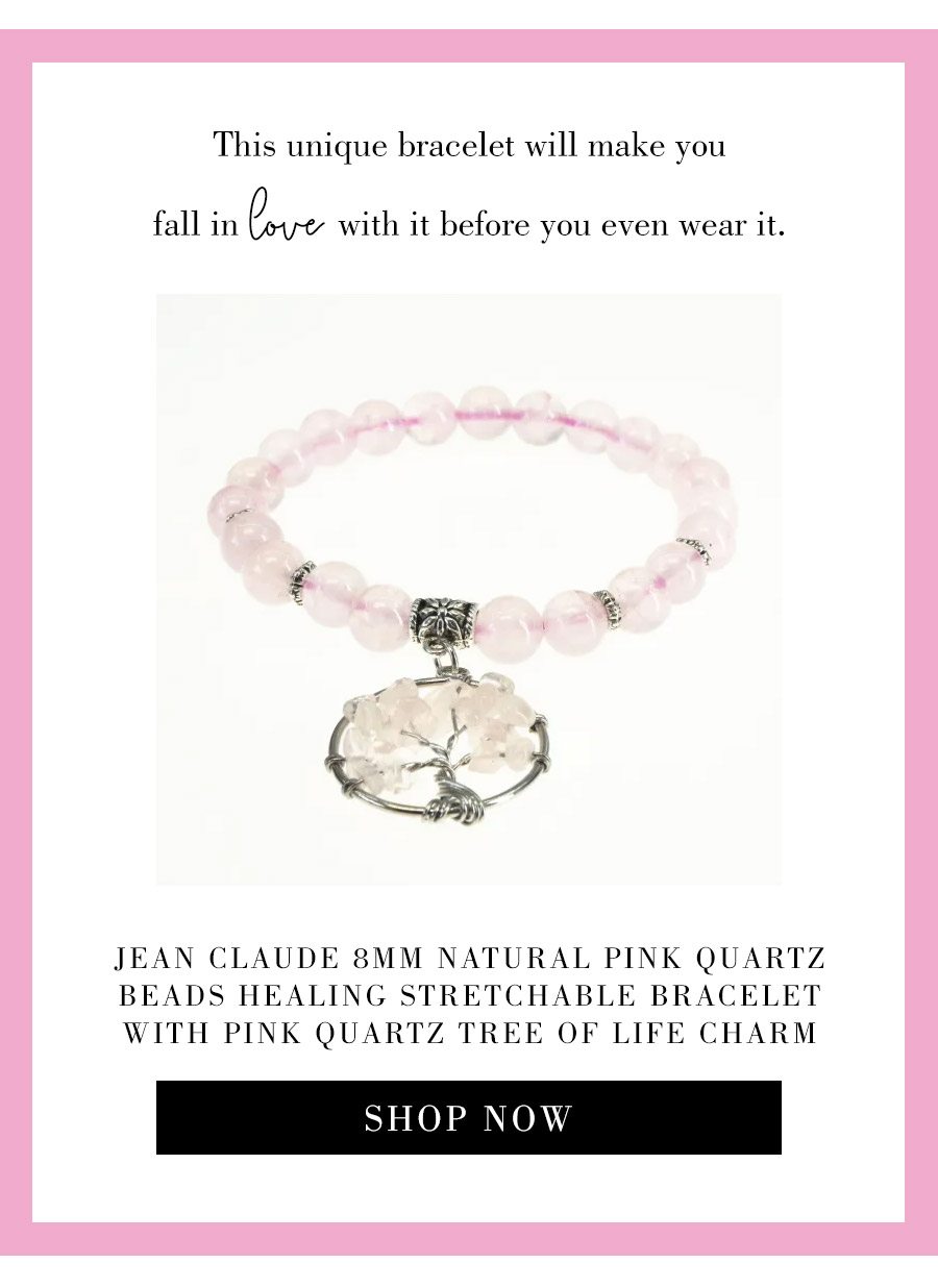 JEAN CLAUDE 8MM NATURAL PINK QUARTZ BEADS HEALING STRETCHABLE BRACELET WITH PINK QUARTZ TREE OF LIFE CHARM