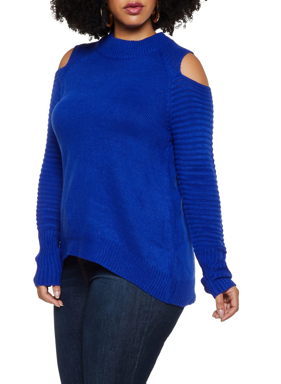 Plus Size Ribbed Detail Cold Shoulder Sweater