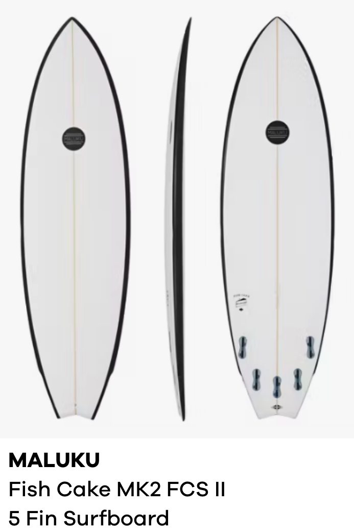 Maluku Fish Cake MK2 FCS II 5 Fin Surfboard White Black Rail