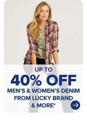 A woman in a flannel shirt. Up to 40% off men's and women's denim from Lucky Brand and more.