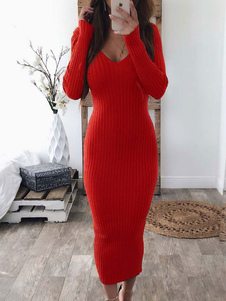 Robes moulantes sexy robe fourreau ajustée à manches longues et col en U rouge
