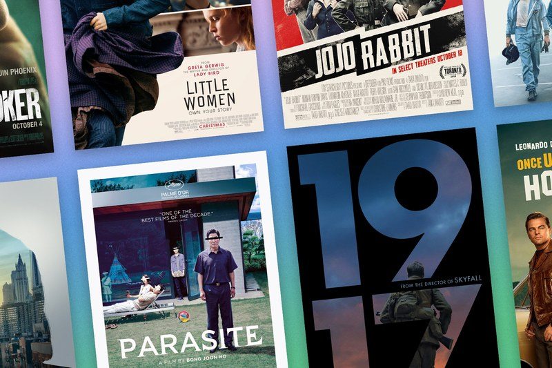 Collage of movie posters over a colorful background