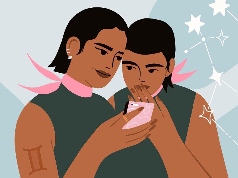 Illustration of two people looking at a phone. One has a Gemini tattoo on their arm.