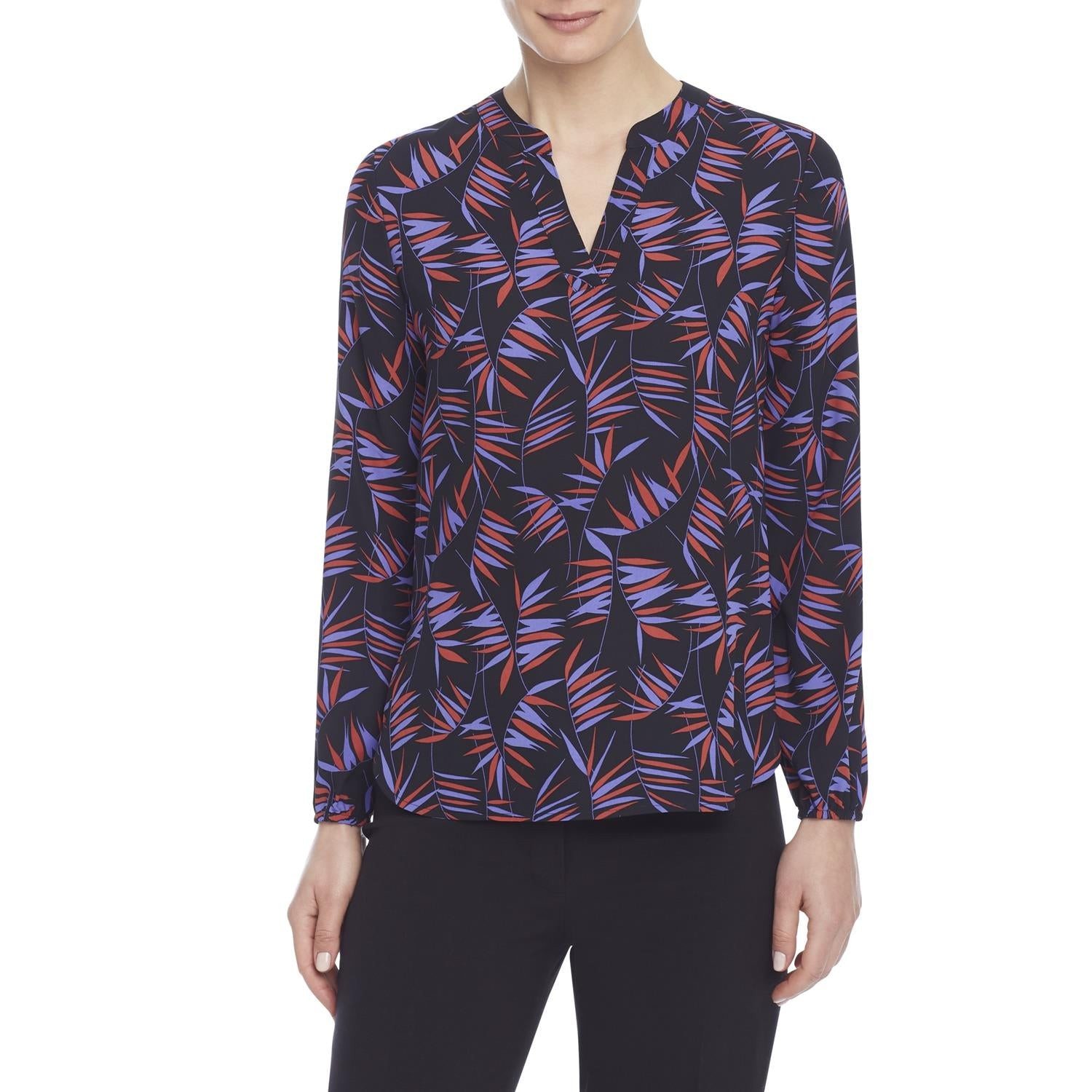 Ceylon Printed Long Sleeve Split Neck Blouse-ANNE BLACK COMBO / M