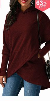 Long Sleeve Asymmetric Hem Wine Red Pocket Hoodie