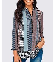 Split Neck Button Detail Printed Blouse