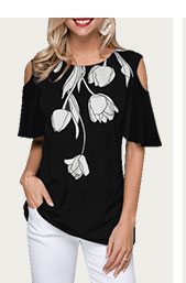 Cold Shoulder Flower Print Black T Shirt