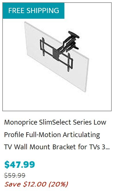 Monoprice SlimSelect Series Low Profile Full-Motion Articulating TV Wall Mount Bracket for TVs 37in to 80in, Max Weight 99 lbs., Extension Range from 1.9in to 19in, VESA Patterns up to 600X400