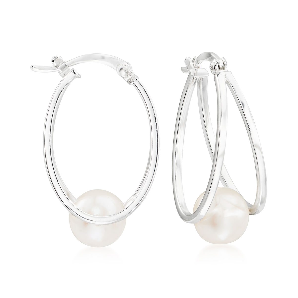 8-9mm Cultured Pearl Double Hoop Earrings in Sterling Silver. 1"