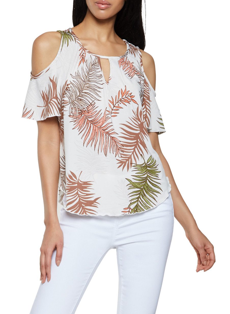 Tropical Print Cold Shoulder Top