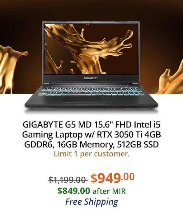 GIGABYTE G5 MD 15.6" FHD Intel i5 Gaming Laptop w/ RTX 3050 Ti 4GB GDDR6, 16GB Memory, 512GB SSD