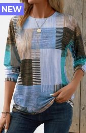 Blue Patchwork Geometric Print Long Sleeve T Shirt