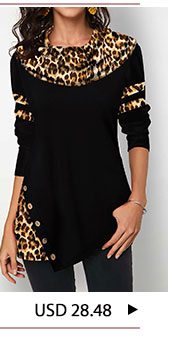Button Detail Long Sleeve Leopard Print T Shirt
