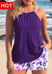 Ruched Floral Print Dark Purple Tankini Set