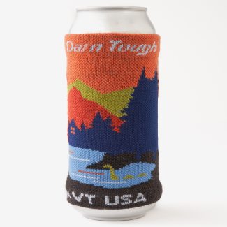 Shop Now - a knit can koozie featuring a lake monster swimming beneath an orange sky