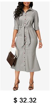 Belted Button Up Light Grey Sheath Dress