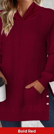 Wine Red Split Long Sleeve Pocket Hoodie