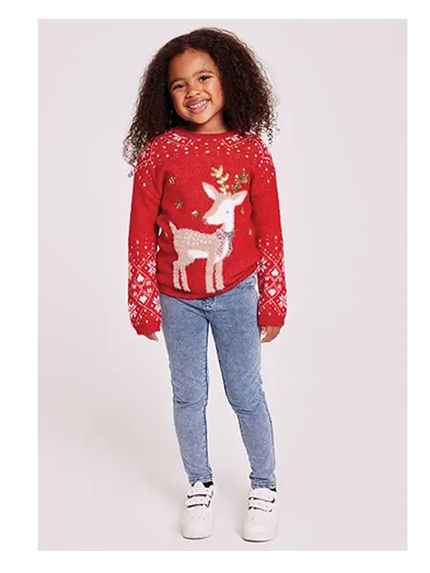 Younger Girls Red Reindeer Christmas Family Jumper