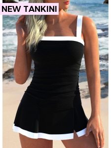 ROTITA Contrast Binding Black Patchwork Tankini Set