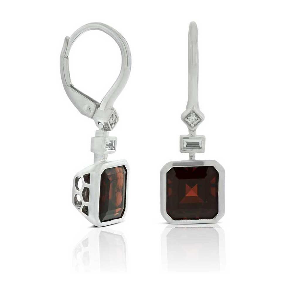 Square Garnet & Diamond Earrings 14K