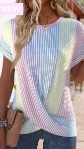 ROTITA Cross Hem Striped Multi Color Round Neck T Shirt