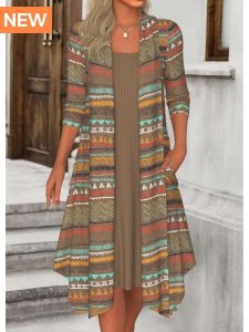 ROTITA Fake 2in1 Tribal Print Dark Camel A Line Dress