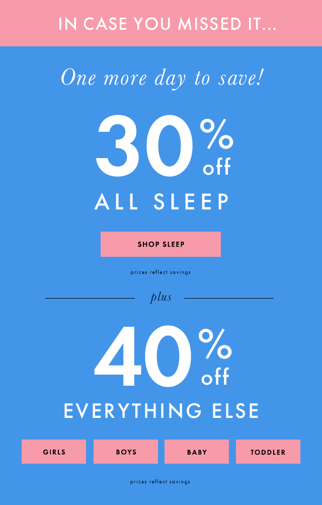 Thirty Percent off all sleep, Forty Percent off everything else