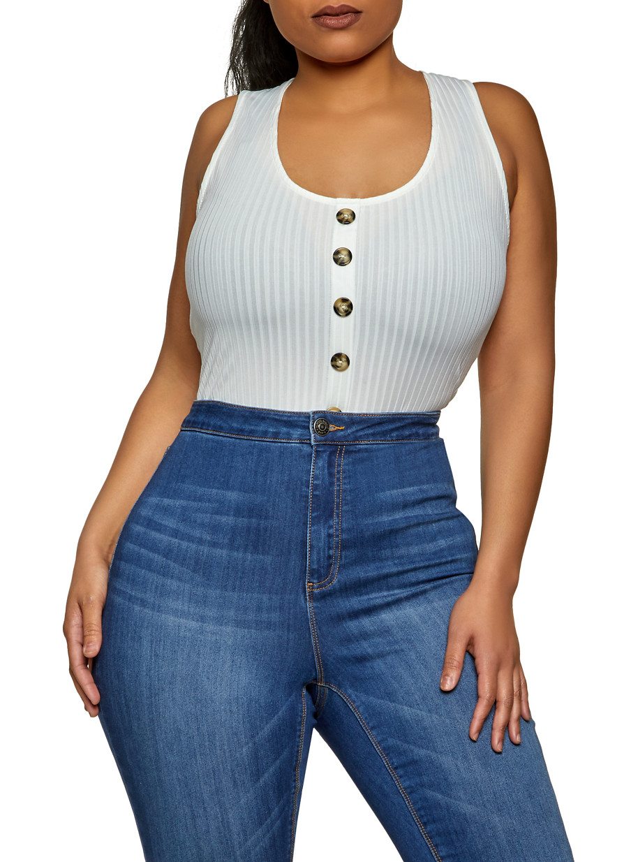 Plus Size Ribbed Button Detail Bodysuit