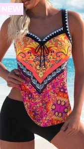 ROTITA Bowknot Multi Color Tribal Print Tankini Top