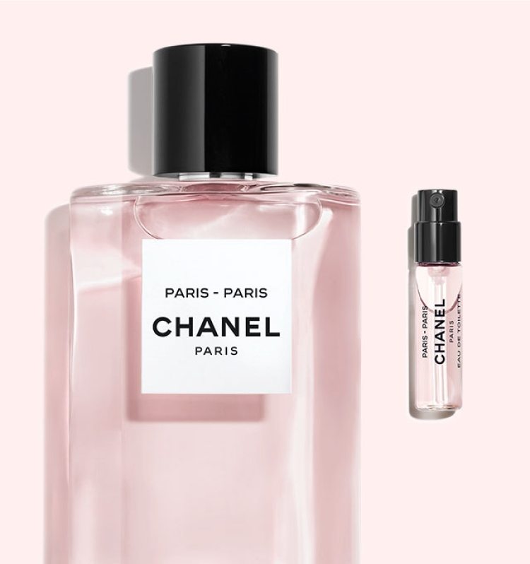 A bottle of LES EAUX DE CHANEL Paris-Paris fragrance next to a sample of LES EAUX DE CHANEL Paris-Paris