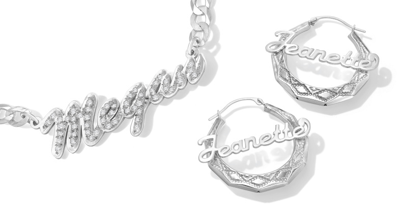 Image showcasing beautiful Personalized Jewelry - a Necklace and Pair of Diamond Earrings engraved with names.