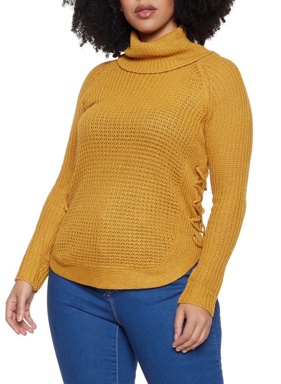 Plus Size Cowl Neck Lace Up Sweater