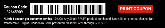 Everyone Saves 10% off any Bauer Product - Inside Track Members Save 15% - Barcode