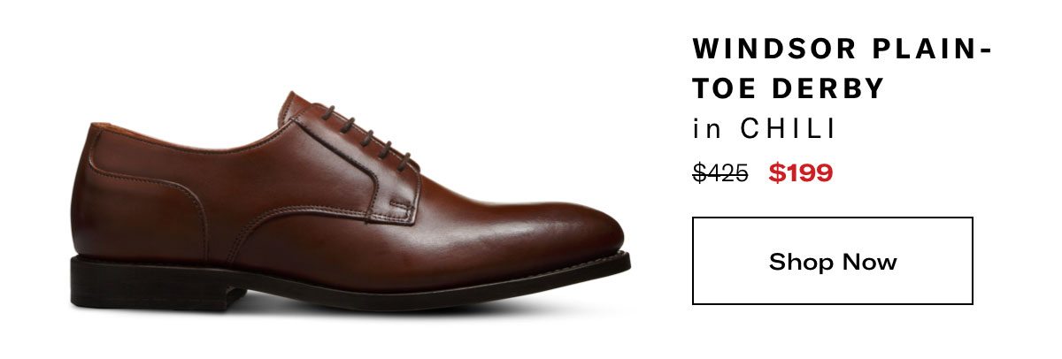 Click Here To Save On The Windsor Plain-toe Derby In Chili, Regular Price $425, Available For $199 During Black Friday Sale