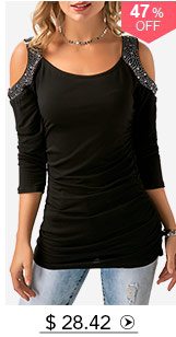 Cold Shoulder Rhinestone Embellished Ruched Black T Shirt